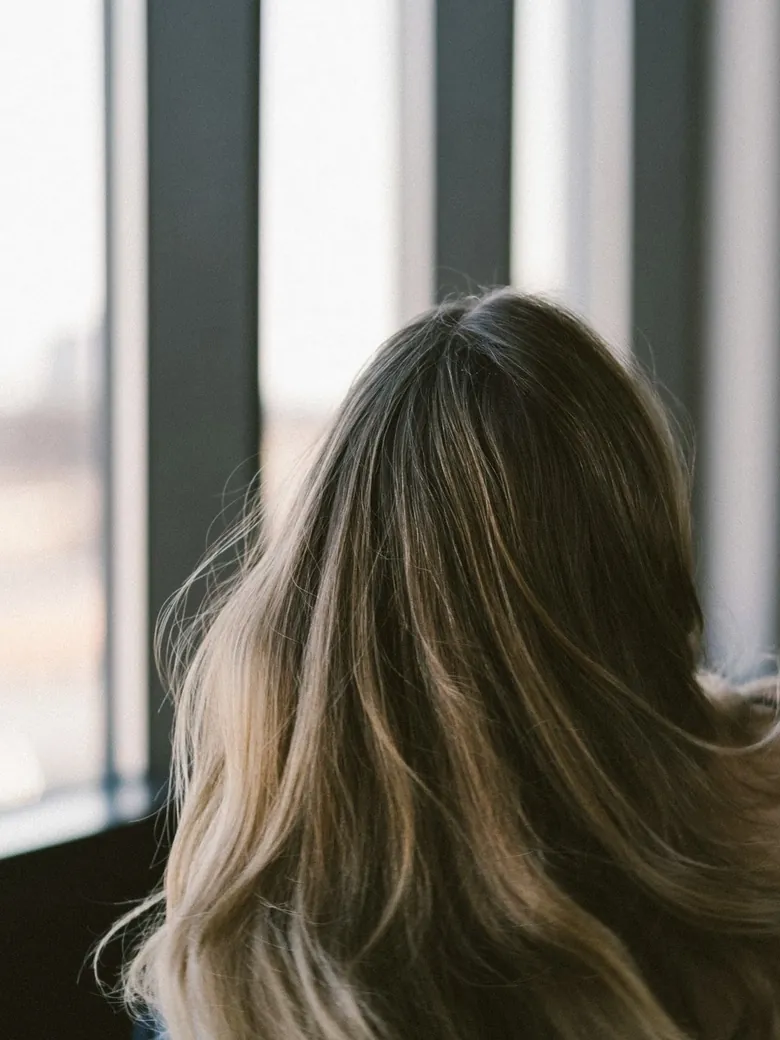 Long light-brown hair with soft blonde ends, seen from behind, against a tall window with dark vertical frames and pale daylight.